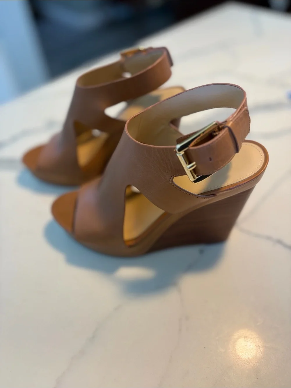 Michael Kors Tan Leather Platform Wedge Sandals with Gold Buckle